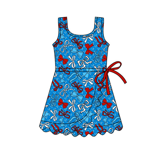 Preorder (moq 5)Baby Girls Red Blue Bows 4th of July Shorts Scallop Knee Length Dress