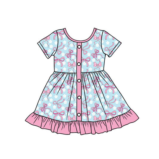 Preorder (moq 5)Baby Girls Bows Flowers Button Ruffle Knee Length Dresses