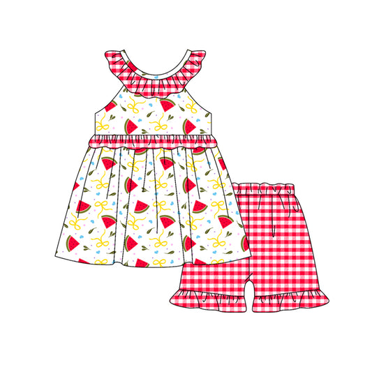 Preorder (moq 5)Baby Girls Bows Watermelons Tunic Checked Ruffle Shorts Clothes Sets