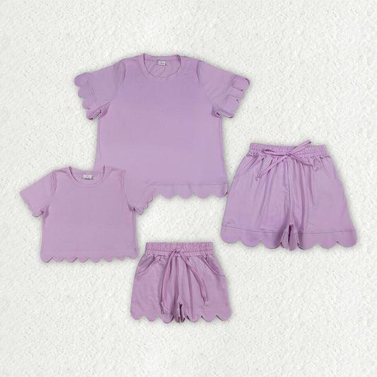 Mama and Me Girls Pink Top Pockets Short Scallop Cotton Clothes Sets