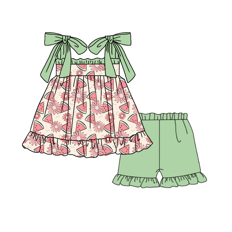Preorder (moq 5)Baby Girls Strap Daisy Watermelons Tunic Ruffle Shorts Clothes Sets