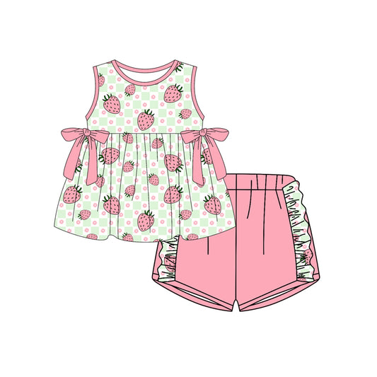 Preorder (moq 5)Baby Girls Flowers Strawberry Checked Tunic Ruffle Shorts Clothes Set