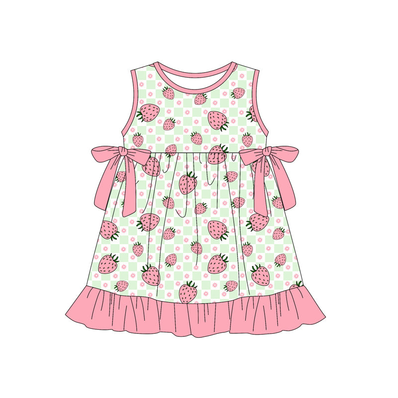 Preorder (moq 5)Baby Girls Flowers Strawberry Checked Ruffle Knee Length Dresses