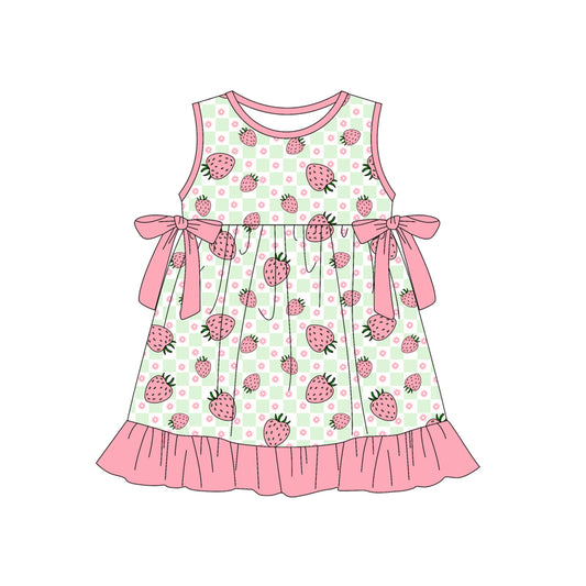 Preorder (moq 5)Baby Girls Flowers Strawberry Checked Ruffle Knee Length Dresses