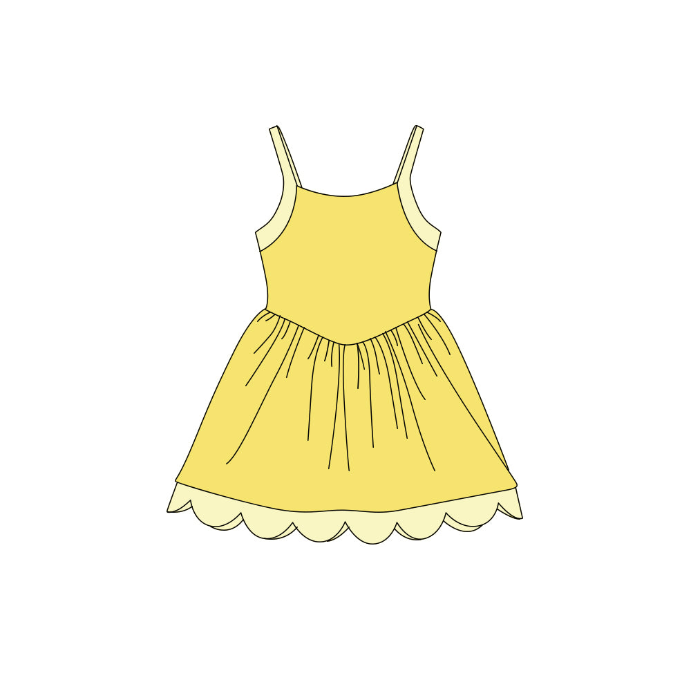 Preorder (moq 5)Baby Girls Strap Yellow Scallop Shorts Knee Length Dresses