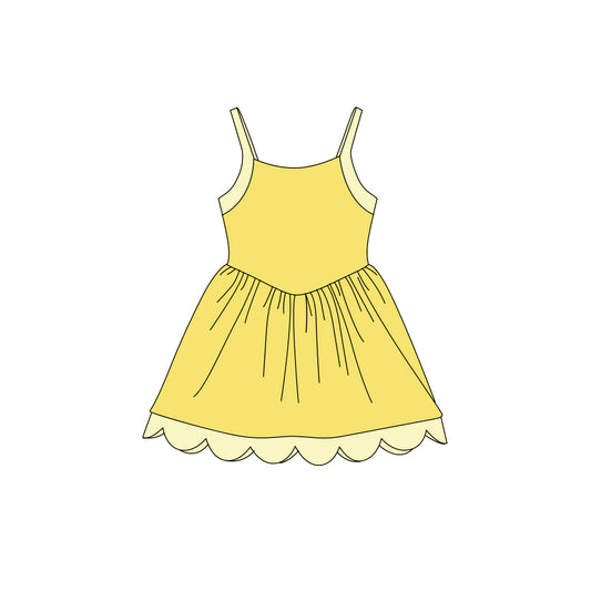 Preorder (moq 5)Baby Girls Strap Yellow Scallop Shorts Knee Length Dresses