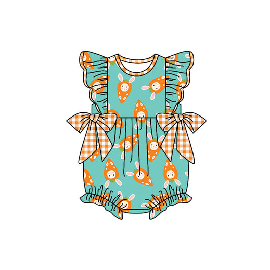 preorder(moq 5) Baby Girls Flutter Sleeve Rabbit Carrots Easter Ruffle Rompers