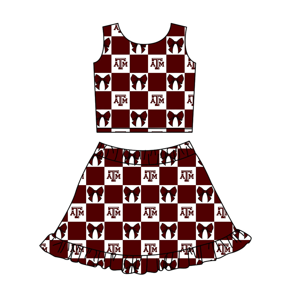 Preorder (moq 5)Baby Girls Red ATM Bows Checked Vests Ruffle Skirt Short Team Clothes Sets