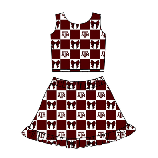 Preorder (moq 5)Baby Girls Red ATM Bows Checked Vests Ruffle Skirt Short Team Clothes Sets