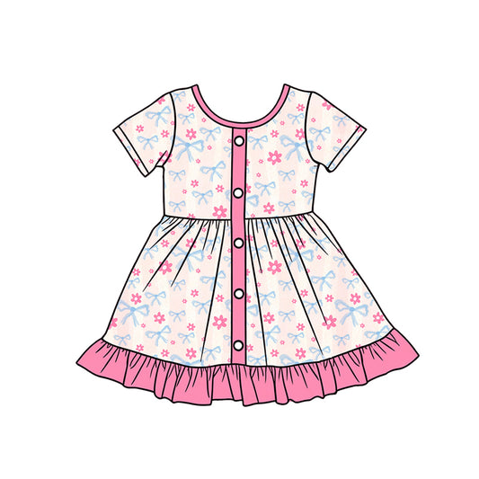 Preorder (moq 5)Baby Girls Bows Flowers Button Ruffle Knee Length Dresses