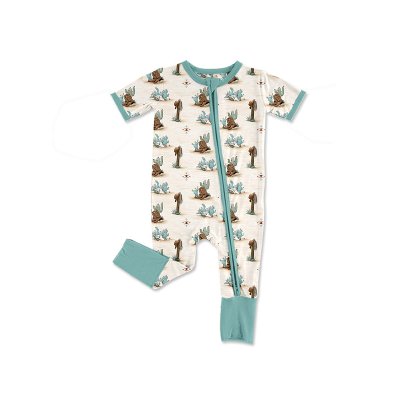 preorder(moq 5) Baby Boys Short Sleeve Cactus Boots Western Two Way Zip Convertible Rompers