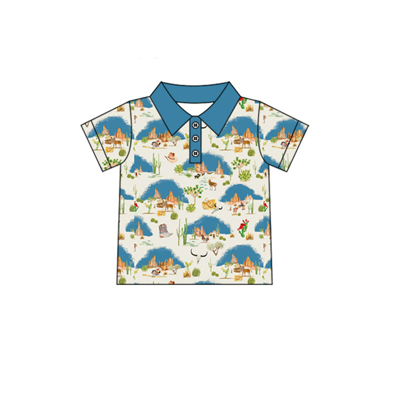 Preorder (moq 5)Baby Boys Cactus Bull Skulls Western Button Polo Shirts Top