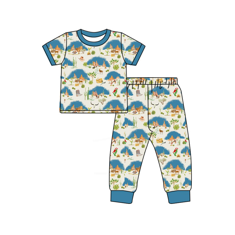 Preorder (moq 5)Baby Boys Cactus Bull Skulls Top Pants Western Pajamas Sets