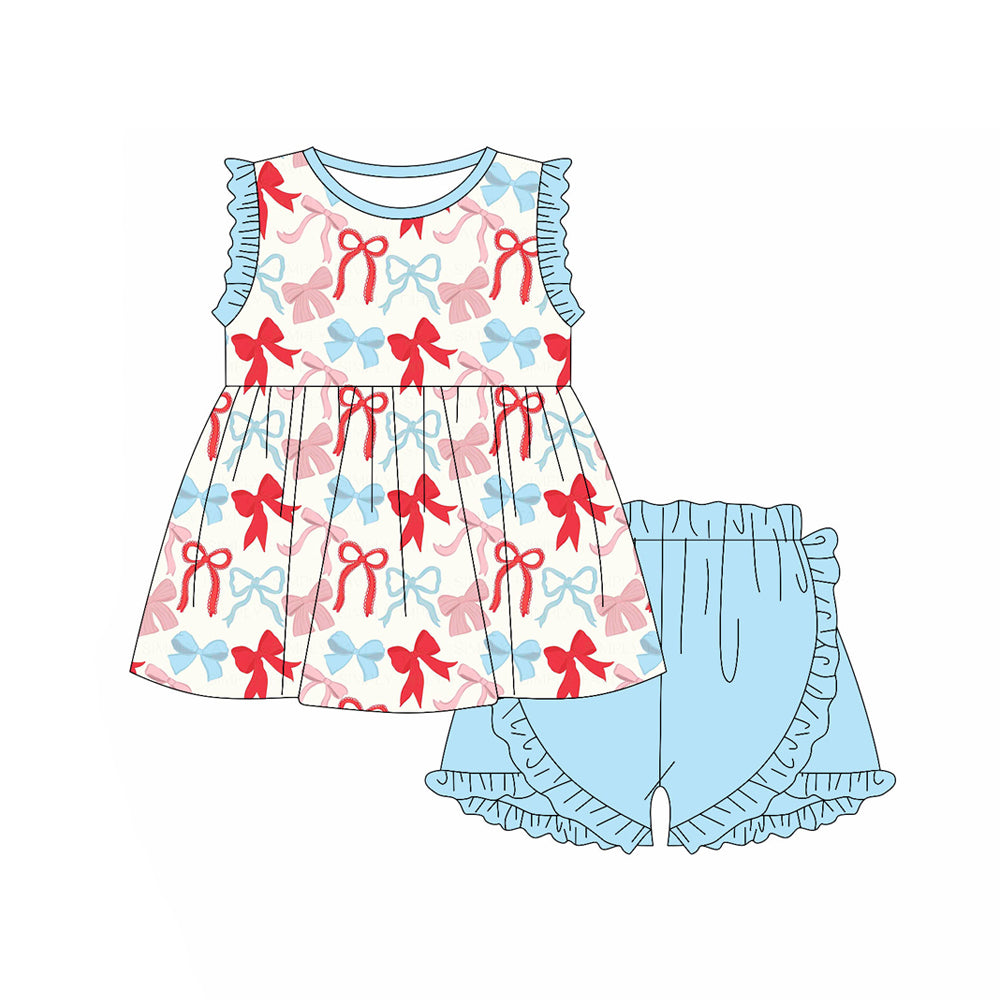 Preorder (moq 5)Baby Girls Blue Red Bows Plaid Tunic Ruffle Shorts 4th of July Clothes Set