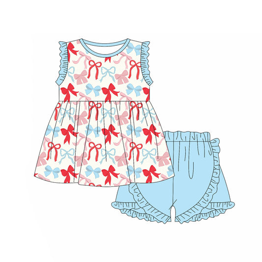 Preorder (moq 5)Baby Girls Blue Red Bows Plaid Tunic Ruffle Shorts 4th of July Clothes Set