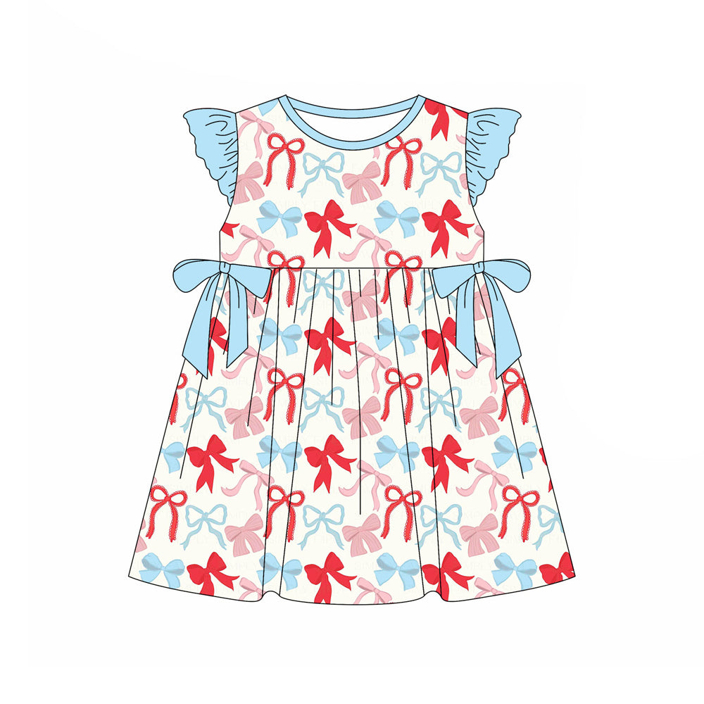 Preorder (moq 5)Baby Girls Flutter Sleeve Blue Red Bows Plaid 4th of July Knee Length Dresses