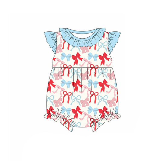 Preorder (moq 5)Baby Girls Flutter Sleeve Red Blue Bows Plaid 4th of July Ruffle Rompers