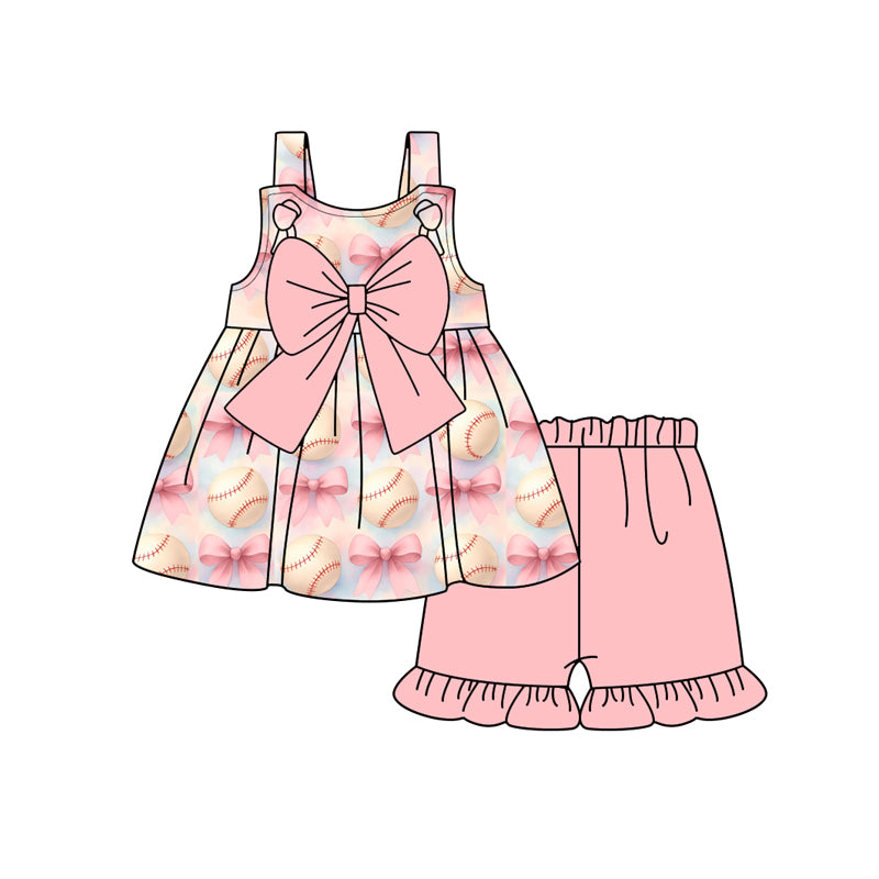 Preorder (moq 5)Baby Girls Pink Strap Bows Baseballs Tunic Ruffle Shorts Team Clothes Set