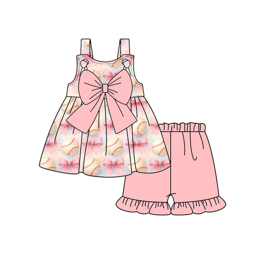 Preorder (moq 5)Baby Girls Pink Strap Bows Baseballs Tunic Ruffle Shorts Team Clothes Set