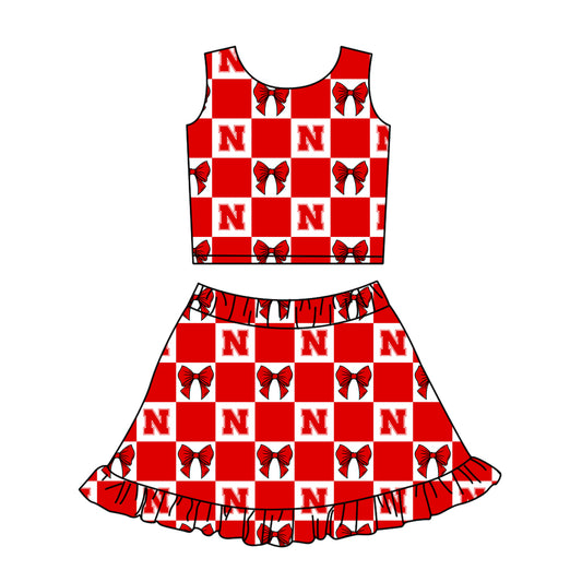 Preorder (moq 5)Baby Girls Red N Bows Checked Vest Ruffle Skirt Short Team Clothes Sets