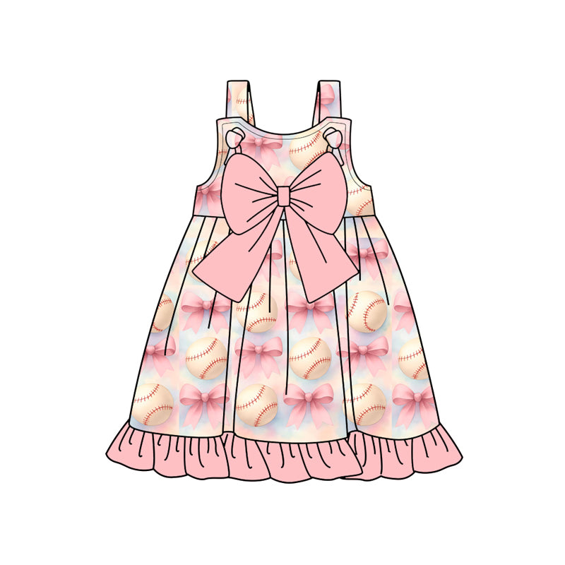 Preorder (moq 5)Baby Girls Pink Strap Bows Baseballs Team Ruffle Knee Length Dresses