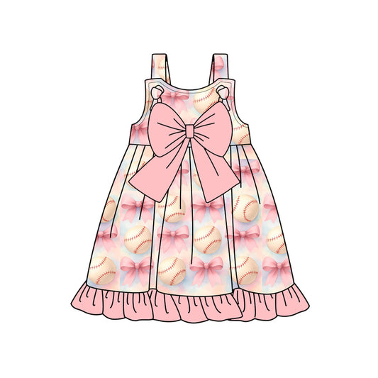 Preorder (moq 5)Baby Girls Pink Strap Bows Baseballs Team Ruffle Knee Length Dresses