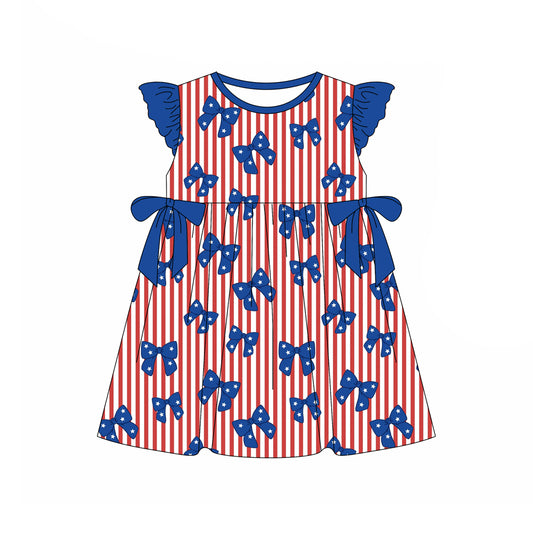 Preorder (moq 5)Baby Girls Flutter Sleeve Red Stripe Star Bows 4th of July Knee Length Dresses