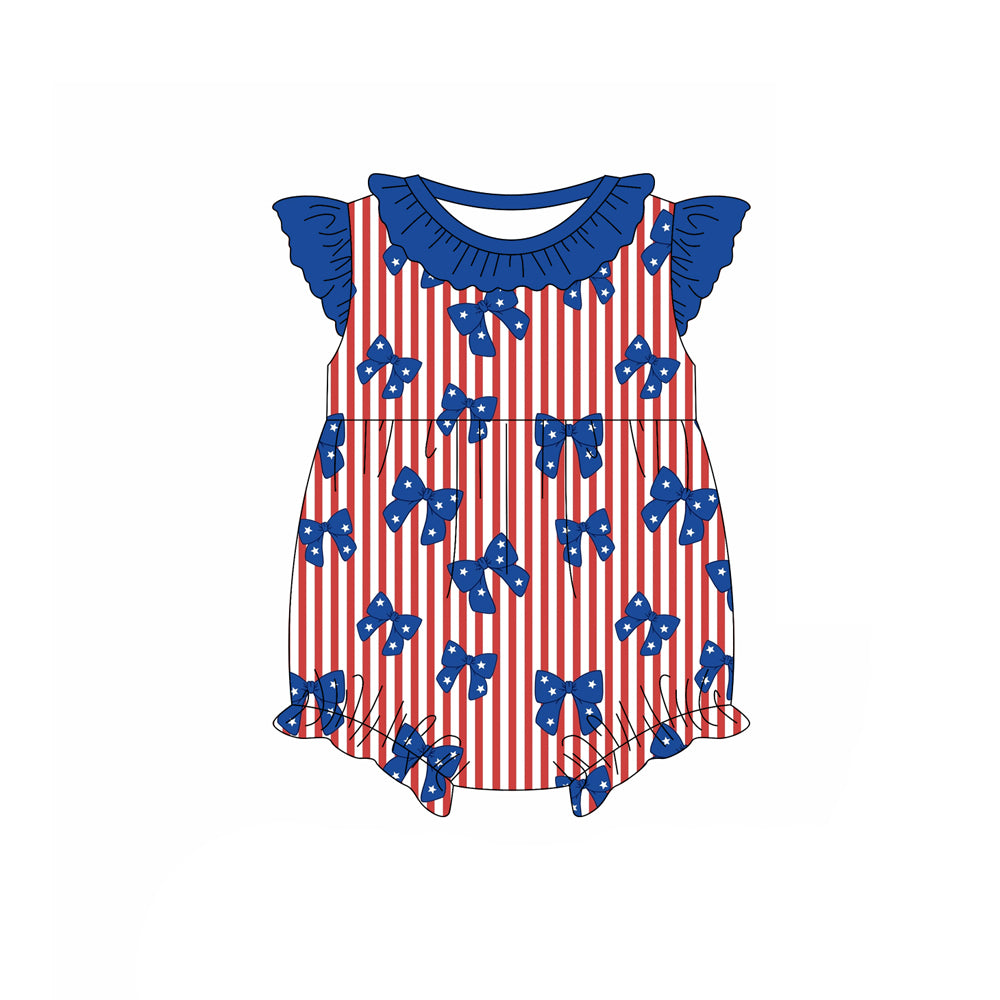 Preorder (moq 5)Baby Girls Flutter Sleeve Red Stripe Star Bows 4th of July Ruffle Rompers