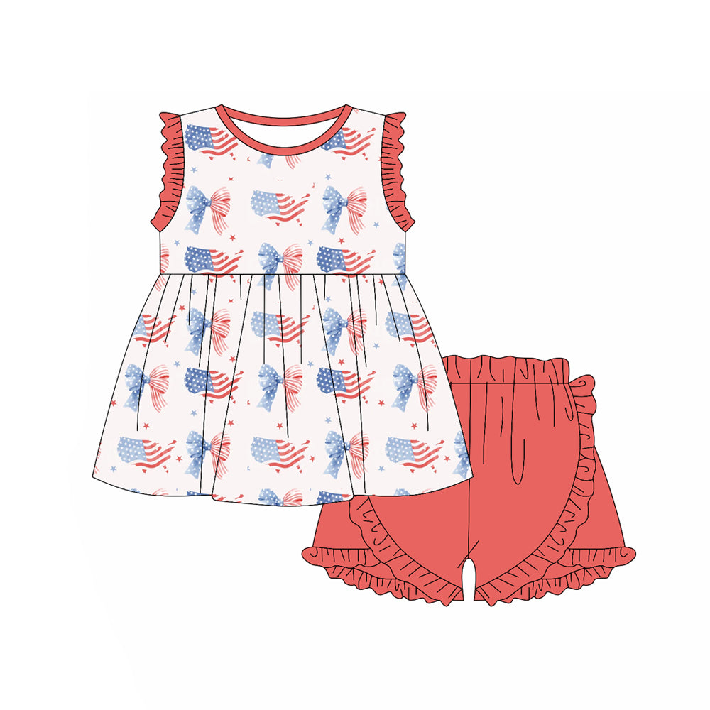 Preorder (moq 5)Baby Girls Red Blue Bows Stars Tunic Ruffle Shorts 4th of July Clothes Set