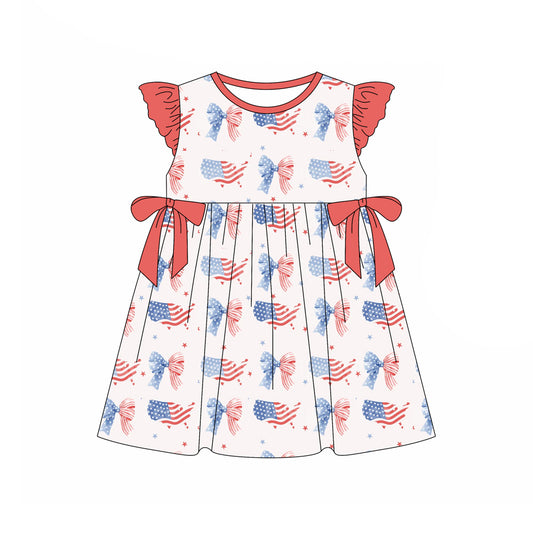 Preorder (moq 5)Baby Girls Flutter Sleeve Red Blue Bows Stars 4th of July Knee Length Dresses