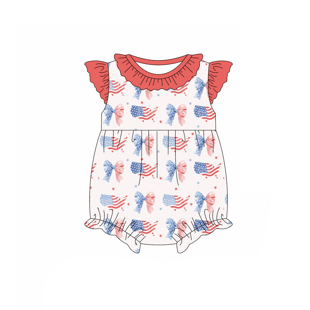 Preorder (moq 5)Baby Girls Flutter Sleeve Red Blue Stars Bows 4th of July Ruffle Rompers