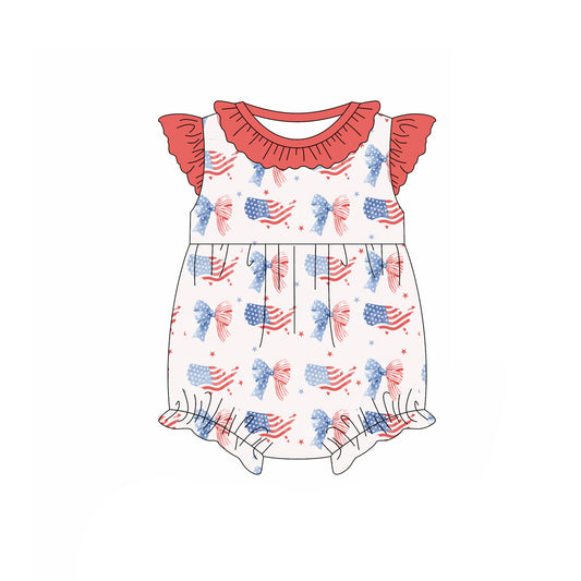 Preorder (moq 5)Baby Girls Flutter Sleeve Red Blue Stars Bows 4th of July Ruffle Rompers