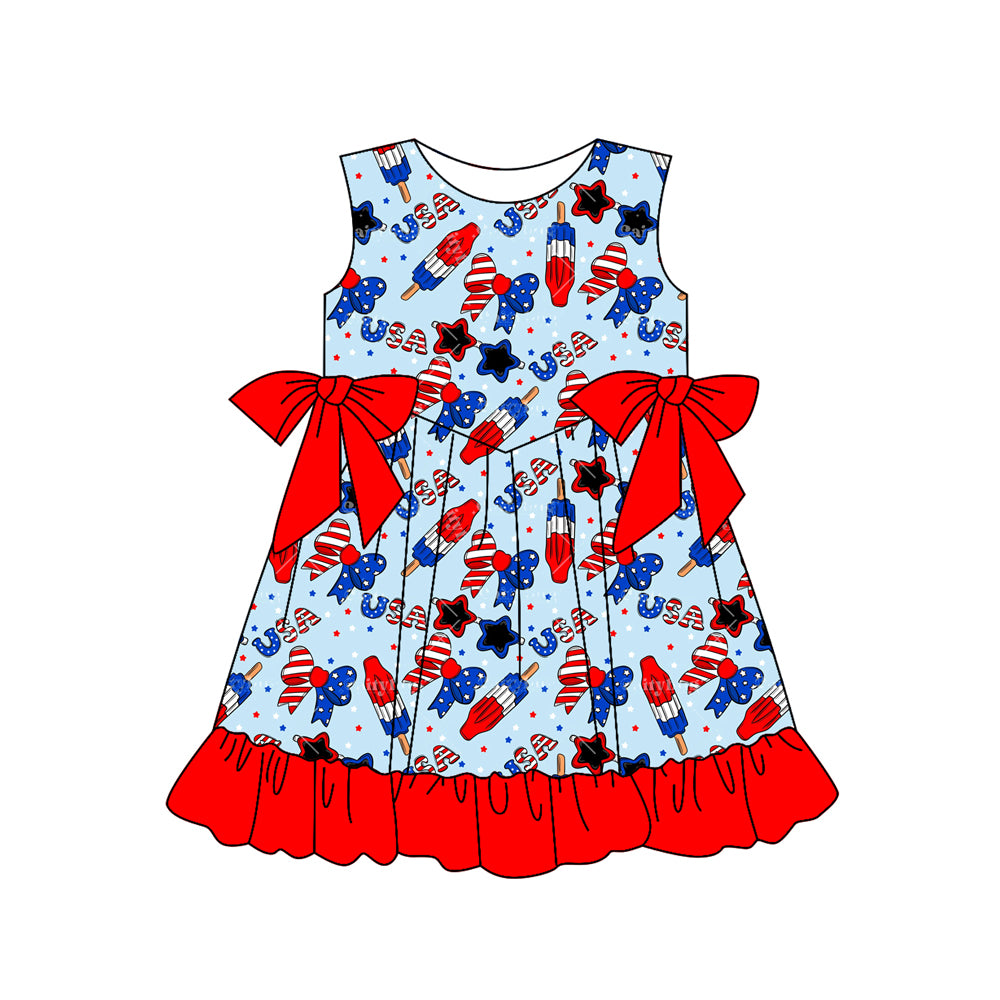 Preorder (moq 5)Baby Girls Popsicle Bows USA 4th of July Ruffle Knee Length Dresses
