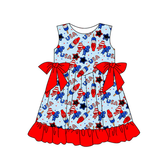Preorder (moq 5)Baby Girls Popsicle Bows USA 4th of July Ruffle Knee Length Dresses
