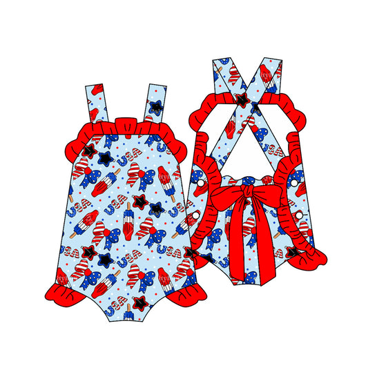 Preorder (moq 5)Baby Girls Strap Popsicle USA Back to School 4th of July Ruffle Rompers