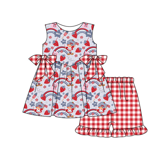 Preorder (moq 5)Baby Girls Strawberry Rainbows Tunic Ruffle Shorts 4th of July Clothes Set