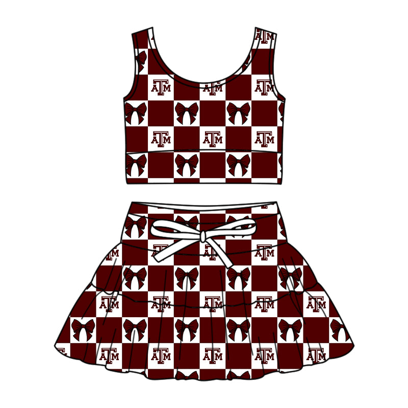 Preorder (moq 5)Baby Girls Red ATM Bows Checked Vest Top Skirt Short Team Clothes Sets
