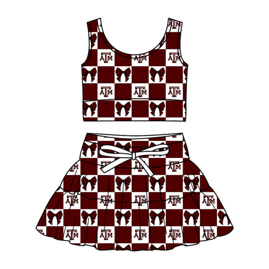 Preorder (moq 5)Baby Girls Red ATM Bows Checked Vest Top Skirt Short Team Clothes Sets