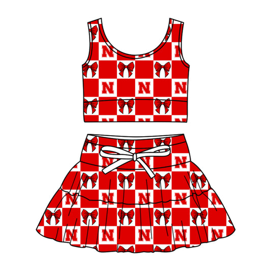 Preorder (moq 5)Baby Girls Red N Bows Checked Vests Skirt Short Team Clothes Sets