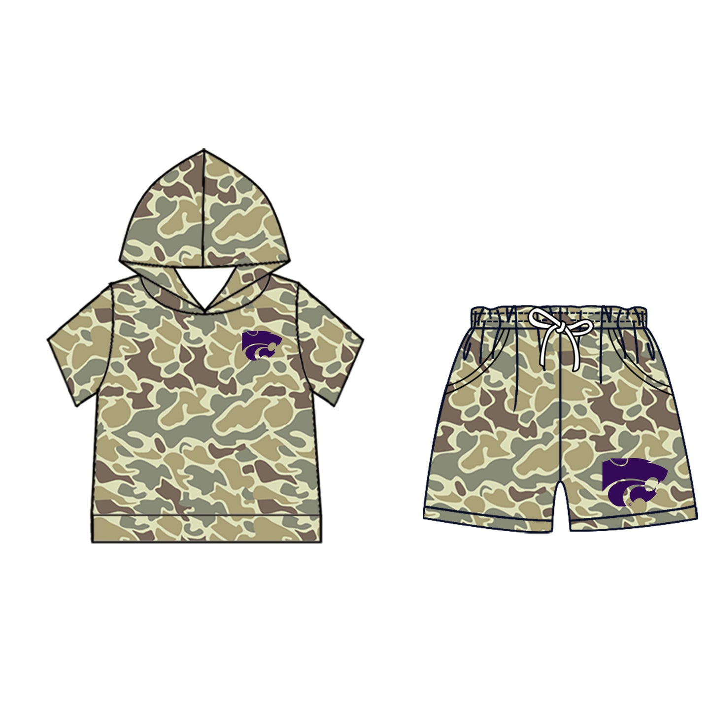 Preorder (moq 5)Baby Boys Khaki Camo Wildcats Hoodie Pockets Short Team Clothes Set