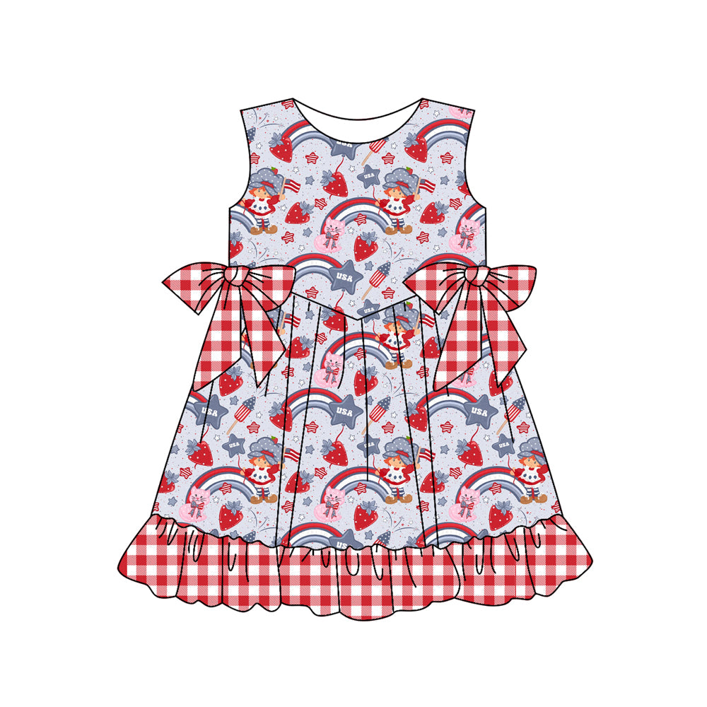 Preorder (moq 5)Baby Girls Strawberry Rainbows 4th of July Ruffle Knee Length Dresses
