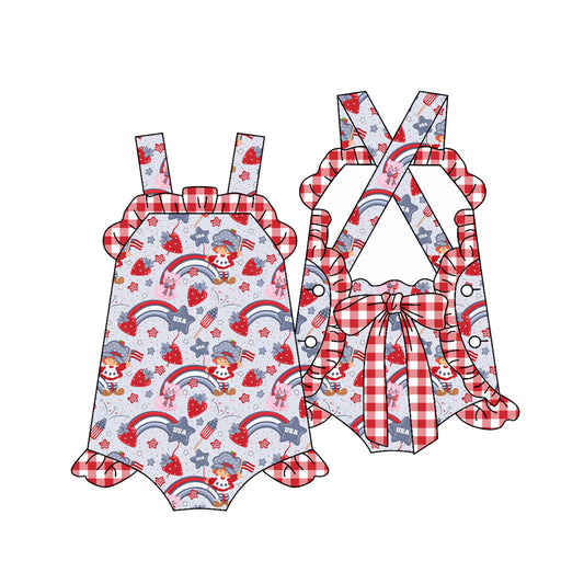 Preorder (moq 5)Baby Girls Strap Rainbows Strawberry Back Bows 4th of July Ruffle Rompers