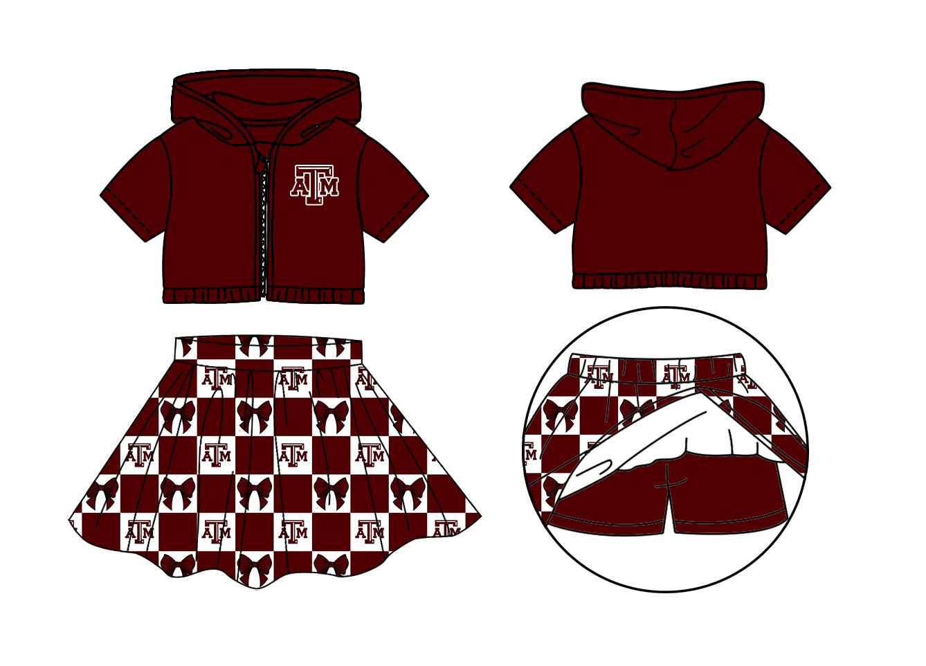 Preorder (moq 5)Baby Girls Red ATM Bows Zip Hoodie Jackets Skirt Short Team Clothes Sets