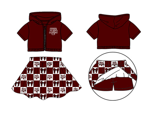 Preorder (moq 5)Baby Girls Red ATM Bows Zip Hoodie Jackets Skirt Short Team Clothes Sets