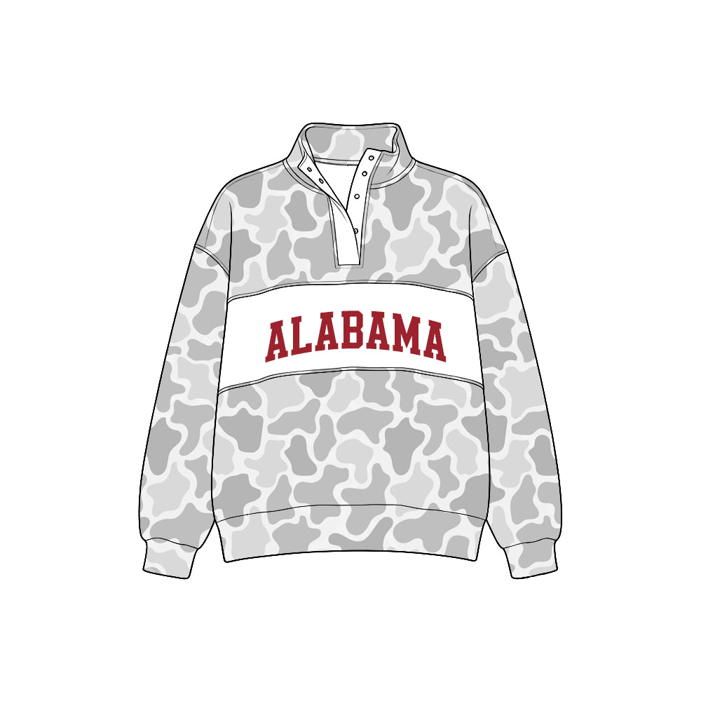 Preorder (moq5) Baby Boys Long Sleeve Grey Camo Alabama Team Zip Pullovers Top