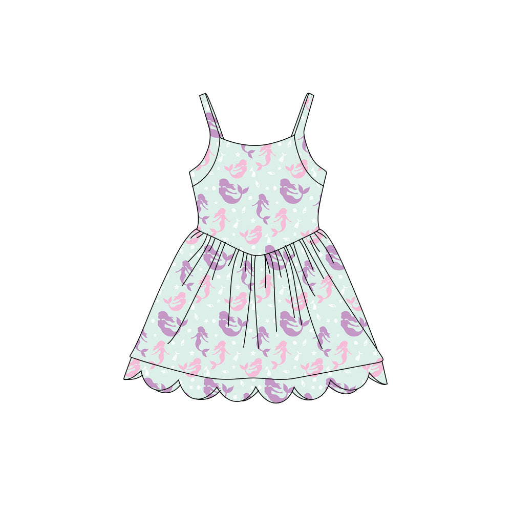 Preorder (moq 5)Baby Girls Strap Mermaids Scallop Shorts Knee Length Dresses