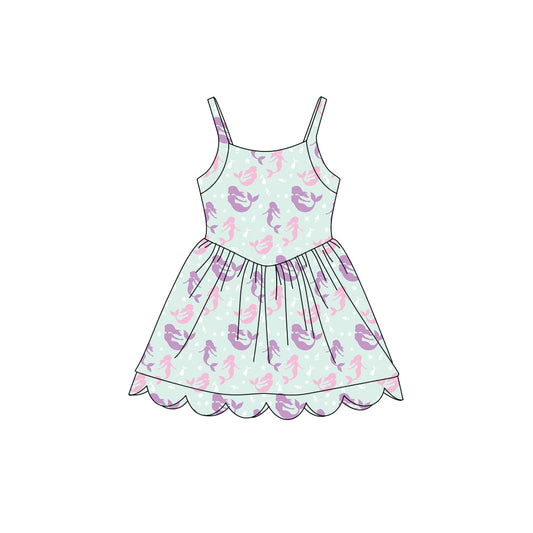 Preorder (moq 5)Baby Girls Strap Mermaids Scallop Shorts Knee Length Dresses