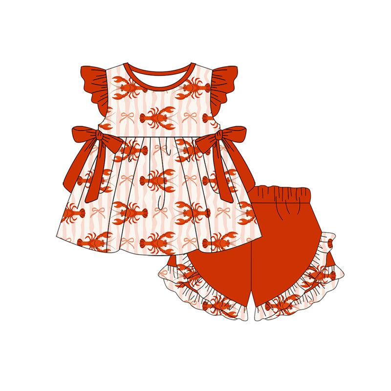 Preorder (moq 5)Baby Girls Bows Crayfishes Stripe Tunic Ruffle Shorts Clothes Set