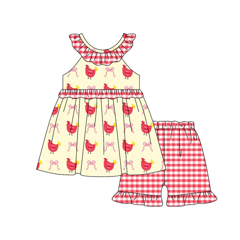Preorder (moq 5)Baby Girls Bows Chicks Tunic Checked Ruffle Shorts Farm Clothes Sets