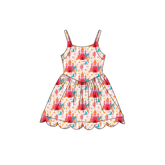 Preorder (moq 5)Baby Girls Strap Castle Mermaids Scallop Shorts Knee Length Dresses
